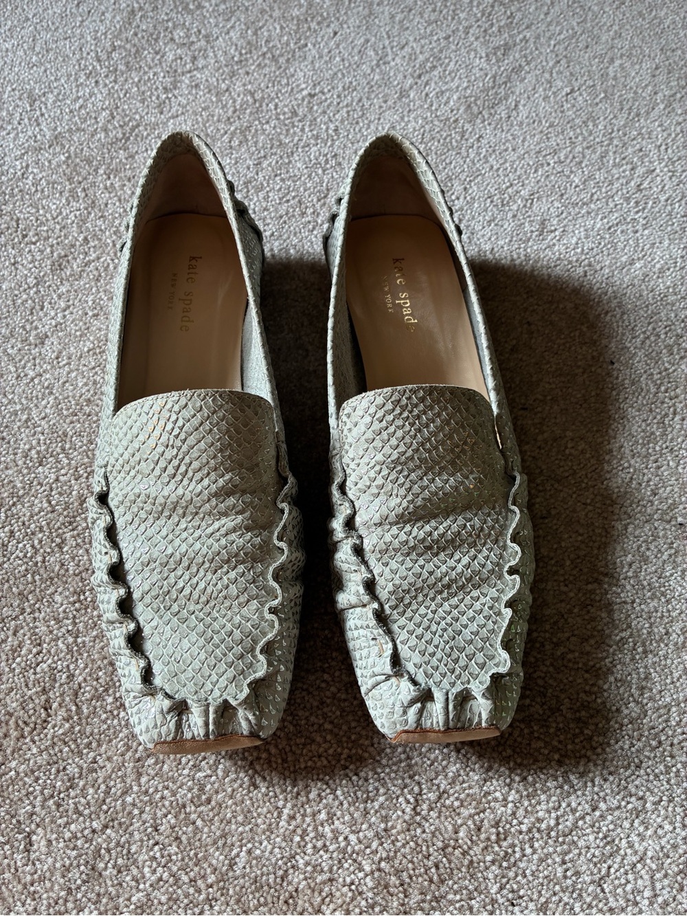 kate spade Cream Textured Ruffle Loafers